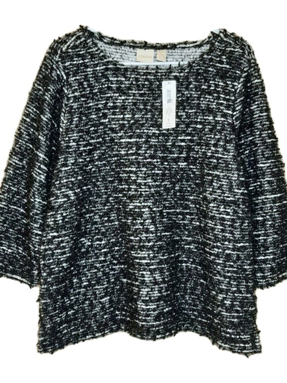 NEW Chicos Sweater Black White Women Size 2 L Textured 3/4 Sleeve Striped Fuzzy